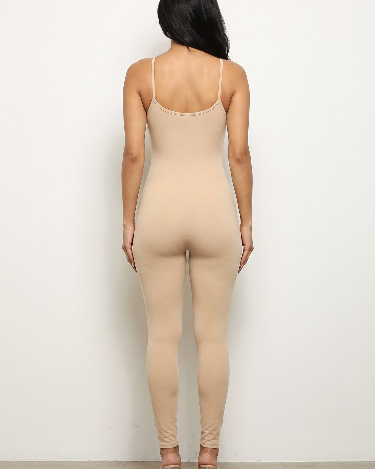 Nude soft jersey jumpsuit, back view on model