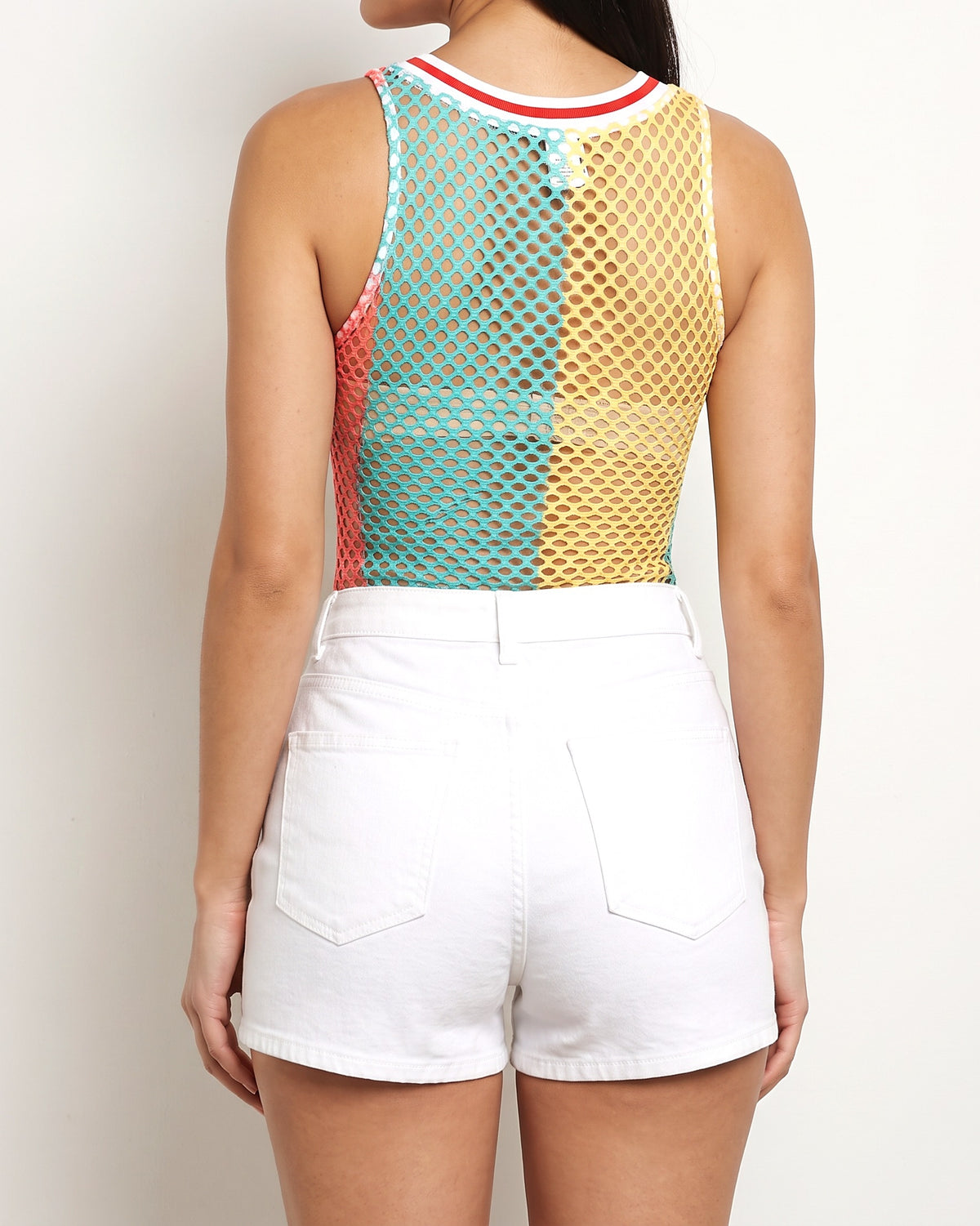 Multicolor colorblocked fishnet bodysuit, back view on model