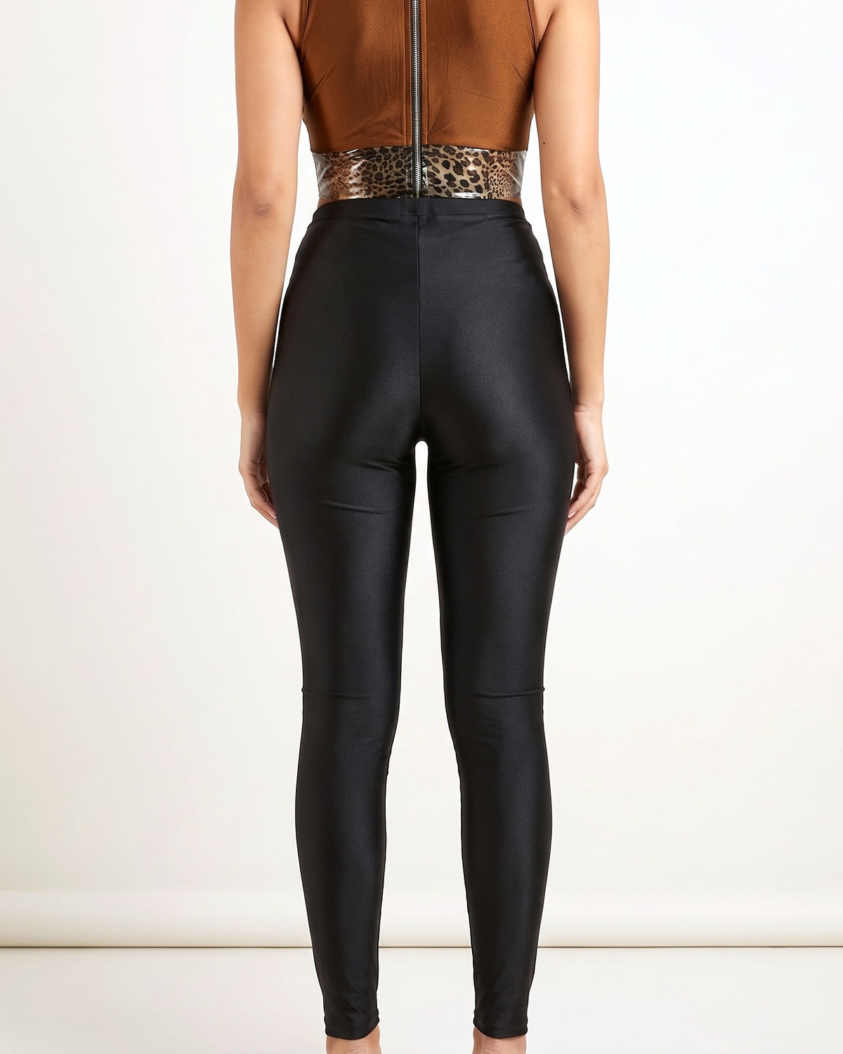 Brown printed pvc contrast bodysuit, back view on model