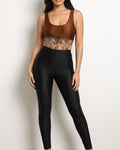 Muvin women's brown printed pvc contrast bodysuit, front view on model