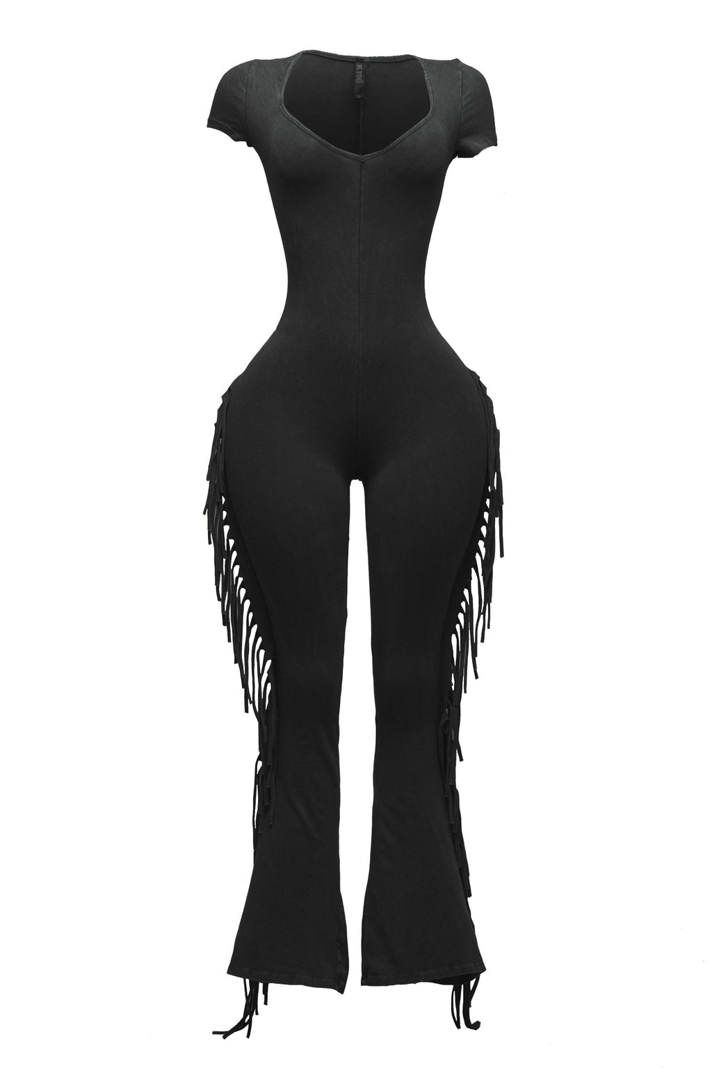 Mineral Wash Fringe Jumpsuit in Black – Detail view