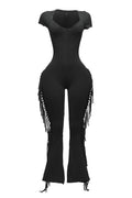 Mineral Wash Fringe Jumpsuit in Black – Detail view
