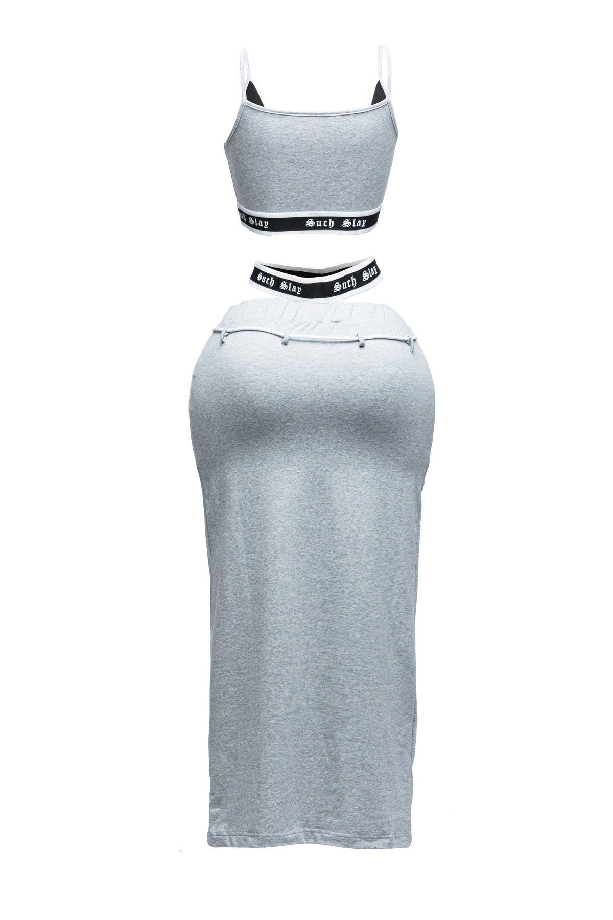 Heather grey tank crop top and maxi skirt set, alternate front view on model