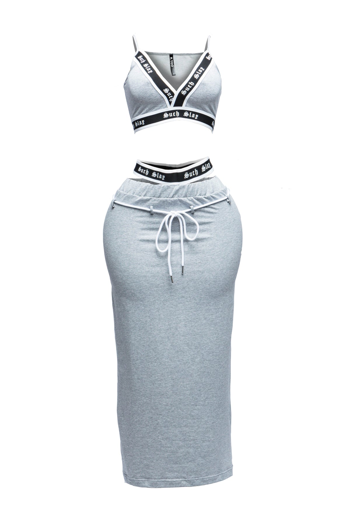 Heather grey tank crop top and maxi skirt set, front view on model