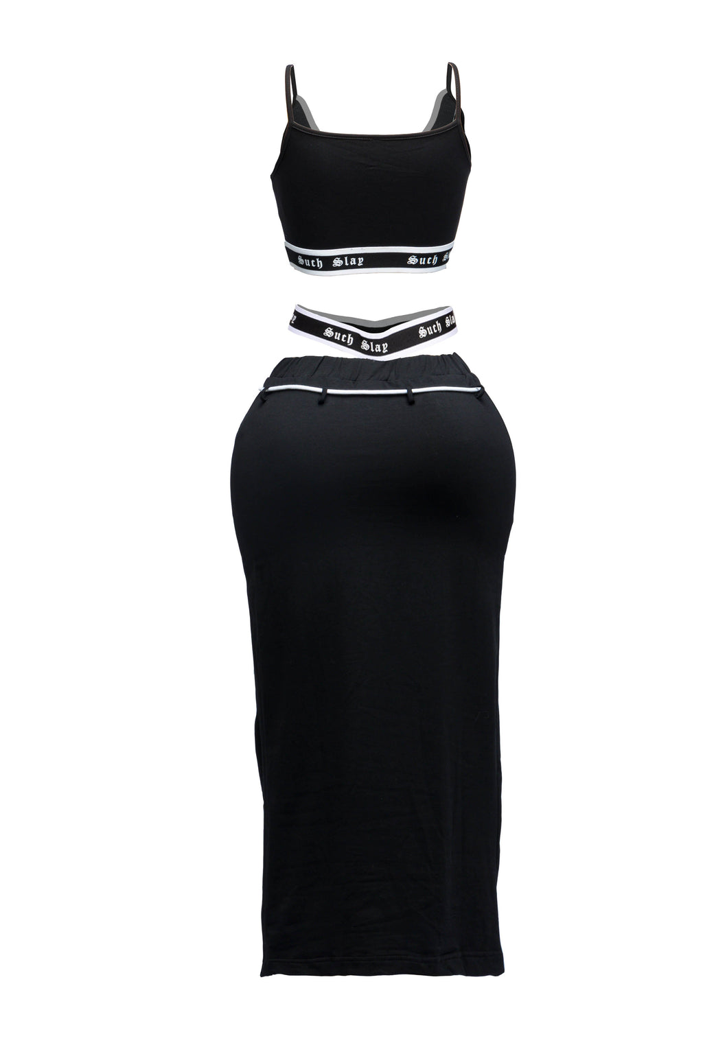 Black tank crop top and maxi skirt set, back view on model