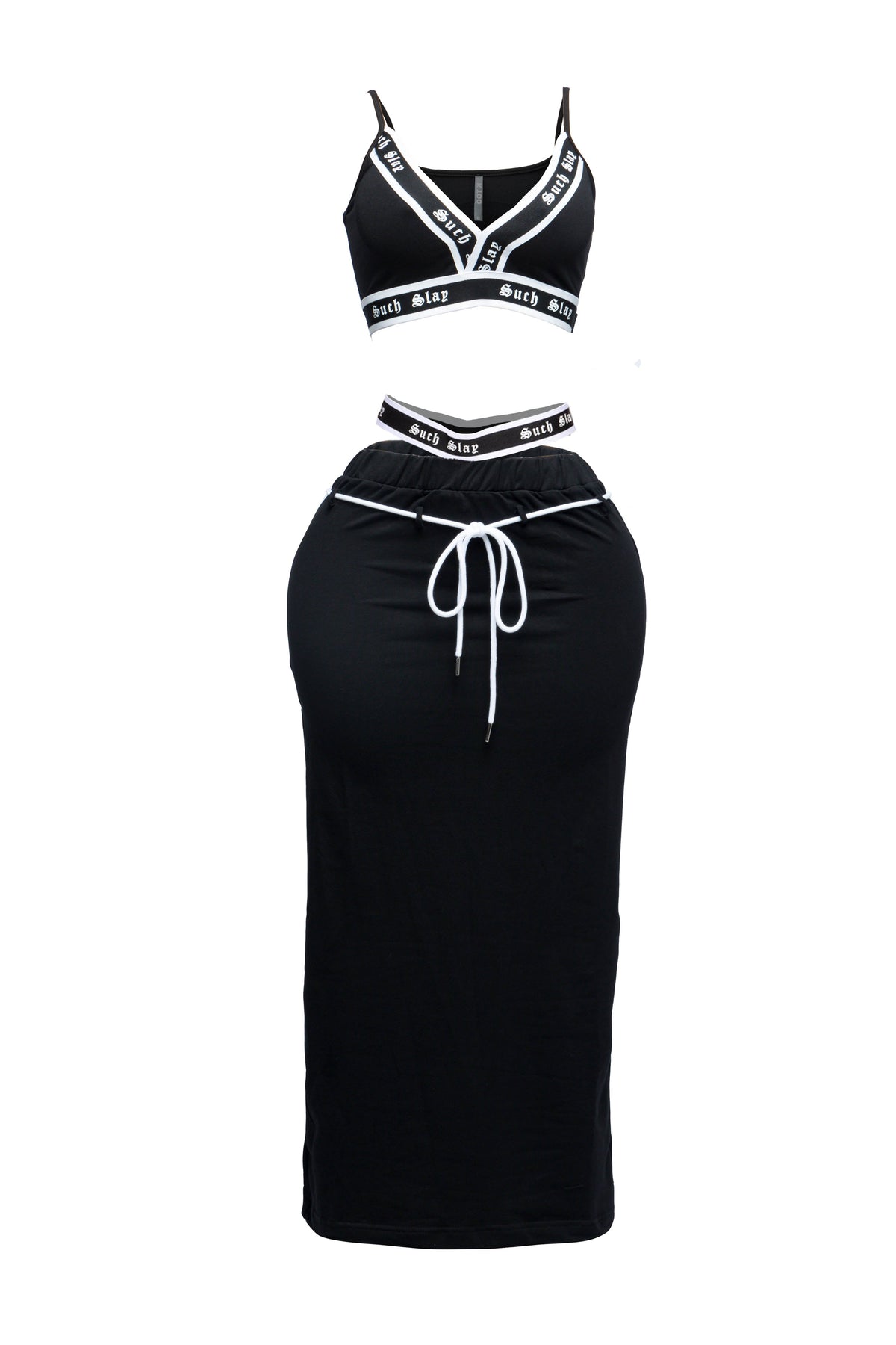 Black tank crop top and maxi skirt set, alternate front view on model