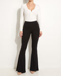 Muvin women's white ribbed henley deep V neck bodysuit, front view on model