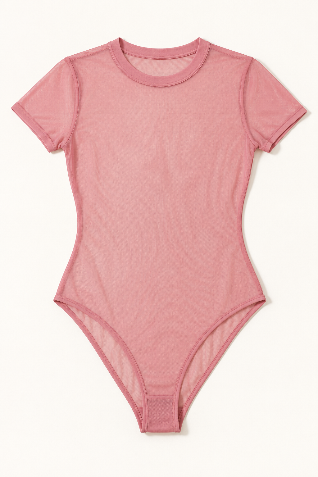 Muvin women's dusty rose short-sleeve mesh bodysuit, front product view with crew neckline