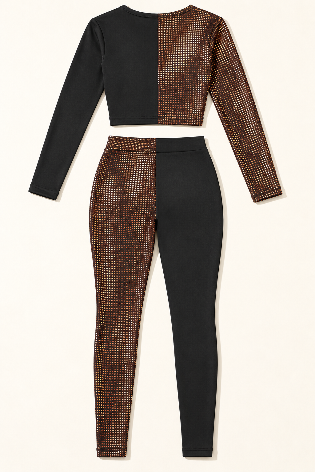 Black and brown colorblock outfit, rear view of crop top and slim pants