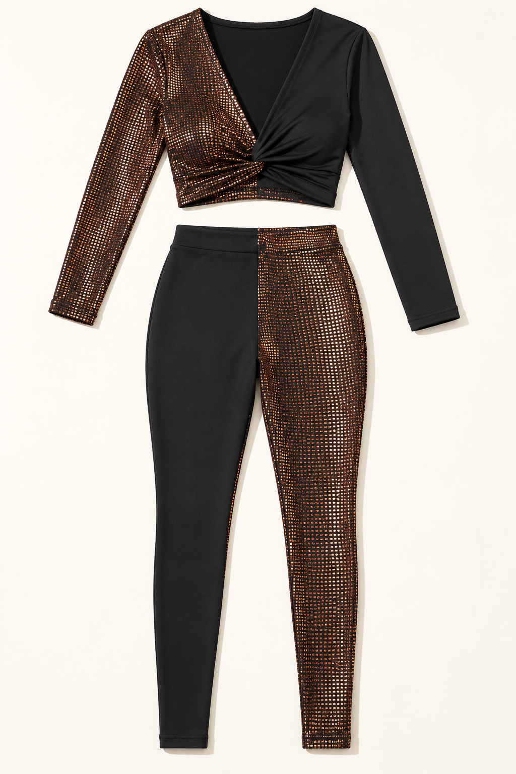 Muvin women's black and brown hologram outfit, front view with twist-front V-neck top and alternating colorblock pants