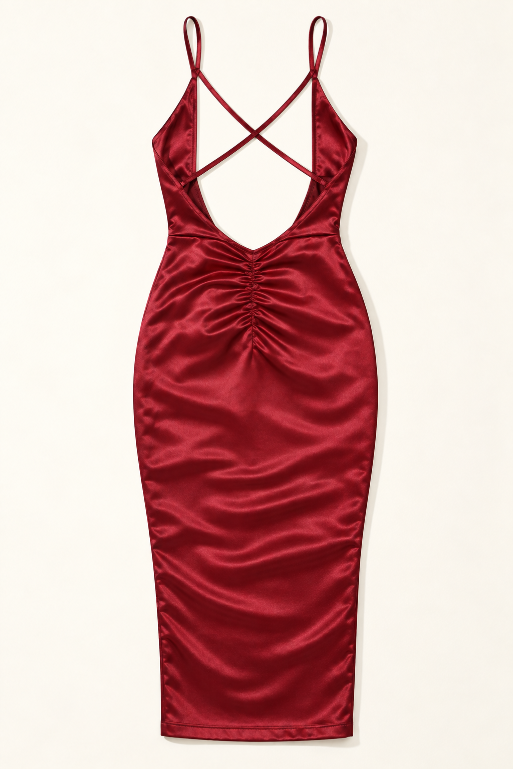 Burgundy stretch satin tank midi dress, back view on model