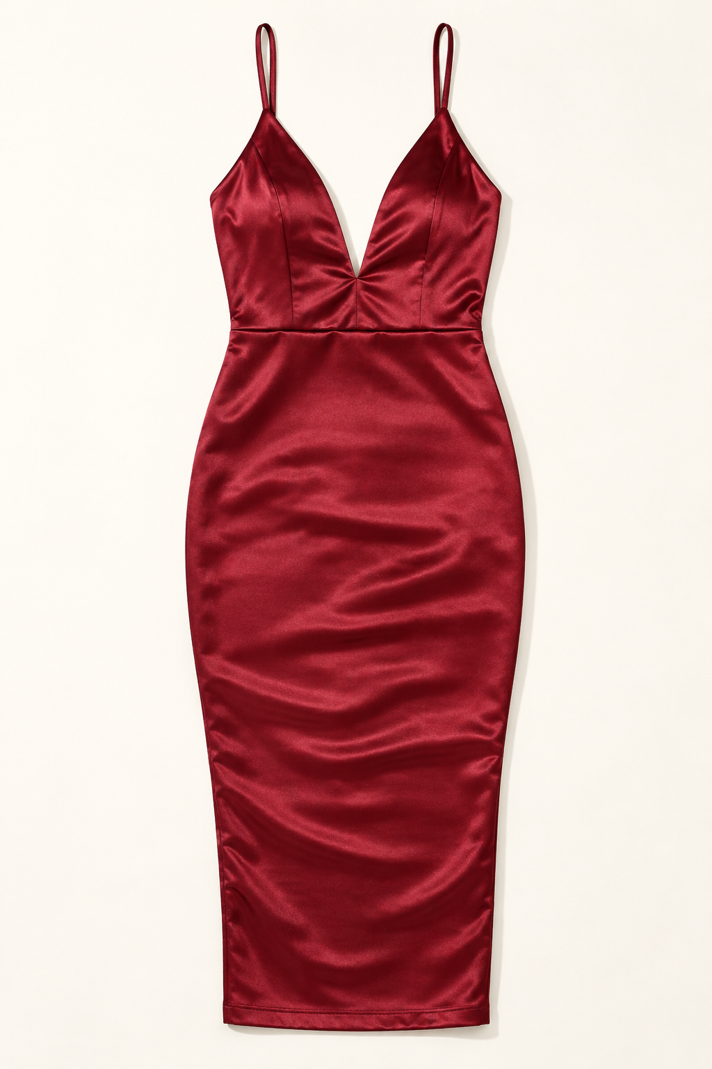 Muvin women's burgundy stretch satin tank midi dress, front view on model