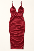 Muvin women's burgundy stretch satin tank midi dress, front view on model
