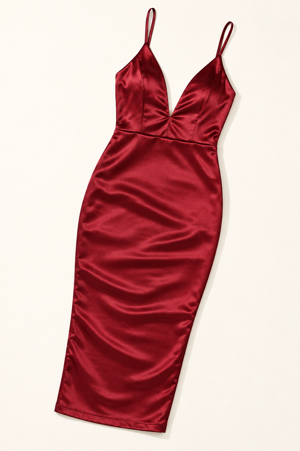 Burgundy satin midi dress, alternate front flat lay