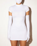 Muvin women's white mask glove dress set, front view on model