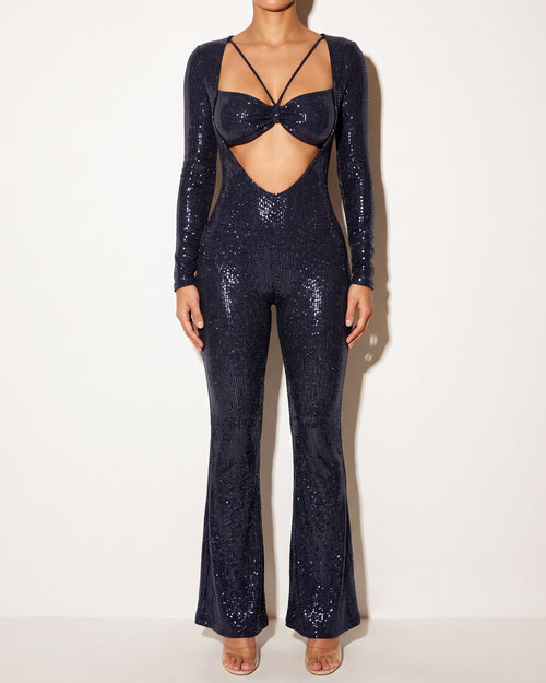 Muvin women's navy bikini top long sleeve jumpsuit, front view on model