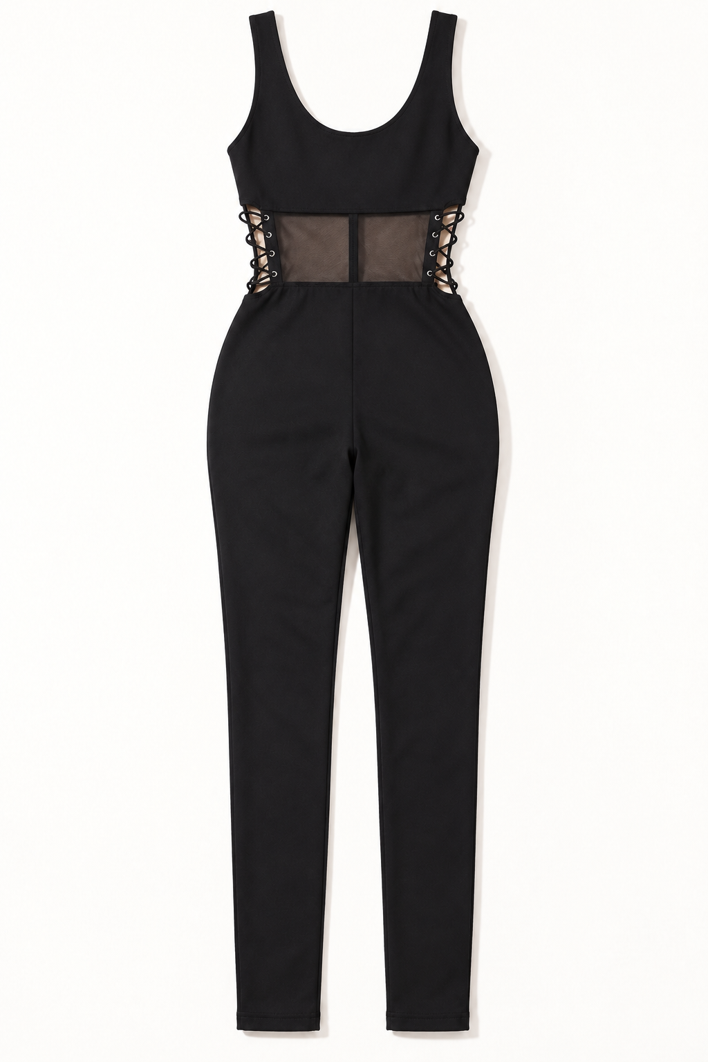 Black front-zip side-lace jumpsuit - back view