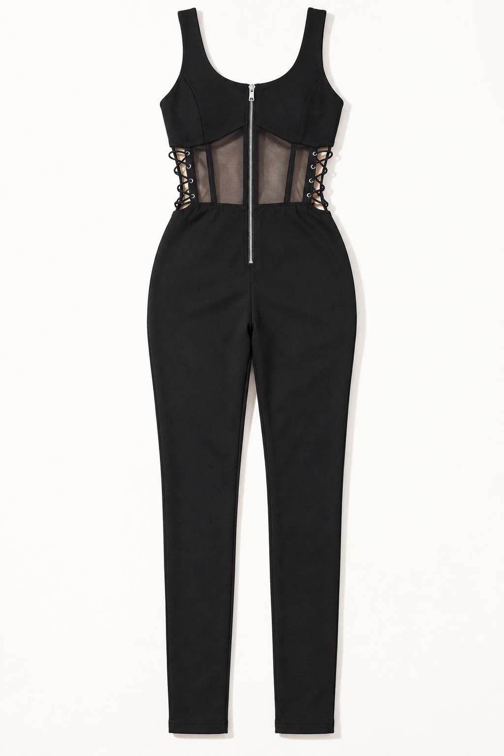 Muvin women's black front-zip side-lace jumpsuit - front view