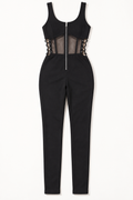 Muvin women's black front-zip side-lace jumpsuit - front view