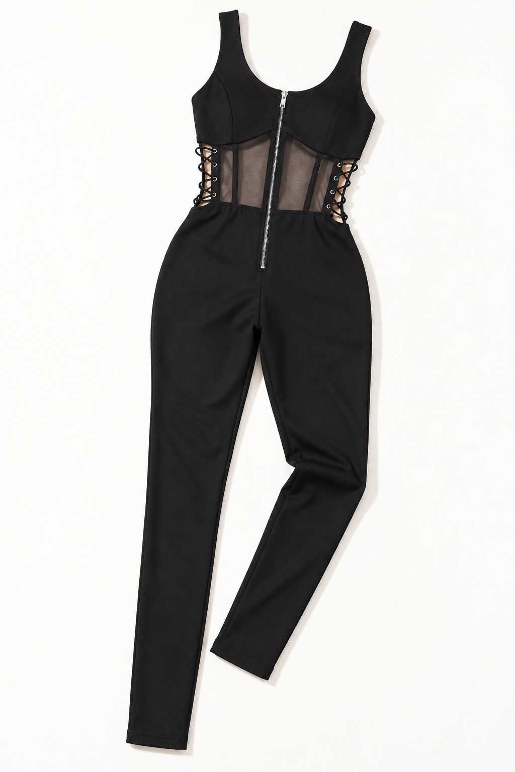 Black front-zip side-lace jumpsuit - alternate front flat lay