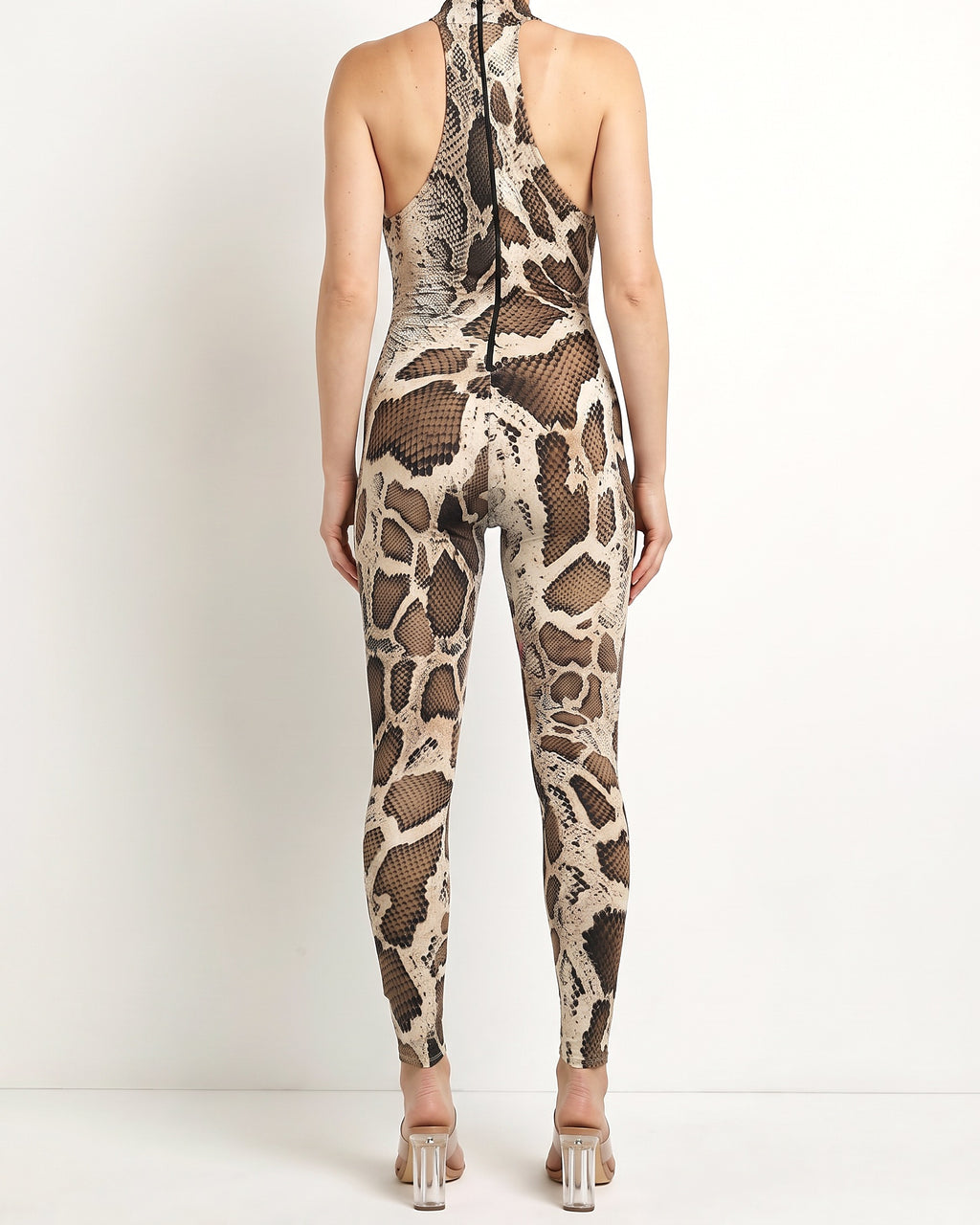 Brown combo cut out detailed snake printed jumpsuit, back view on model