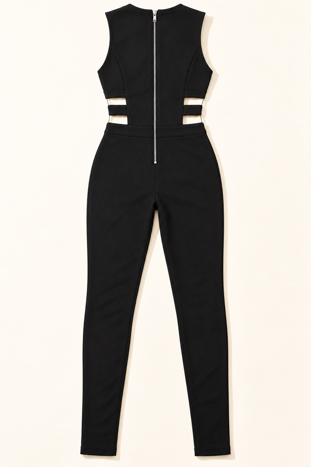 Black cutout jumpsuit, rear product view showing long silver zipper