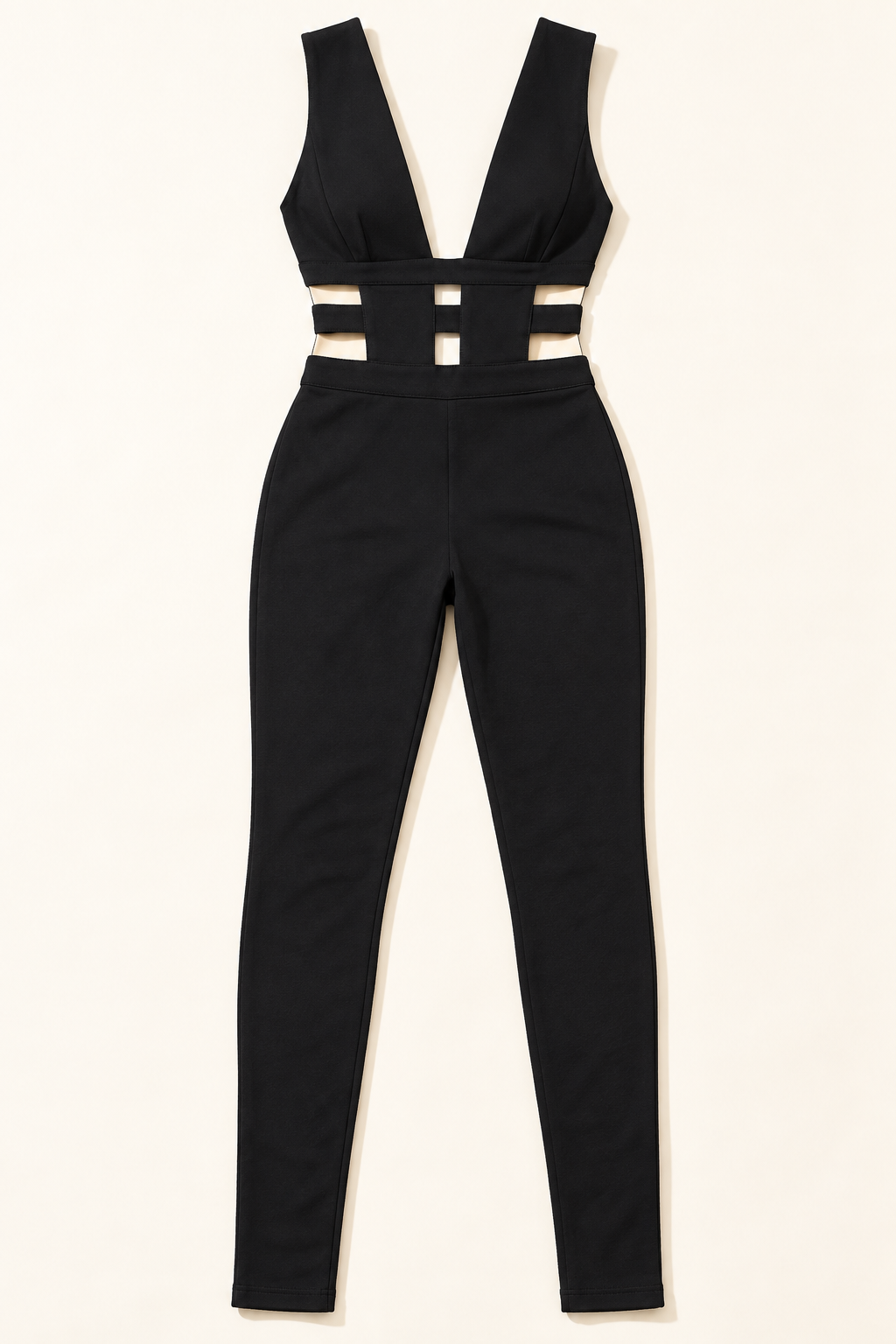 Muvin women's black cutout jumpsuit, full front product view with deep V neckline and slim legs