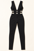 Muvin women's black cutout jumpsuit, full front product view with deep V neckline and slim legs