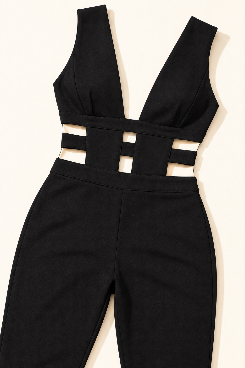 Black jumpsuit, close-up front view of rectangular waist cutouts and shoulder panels