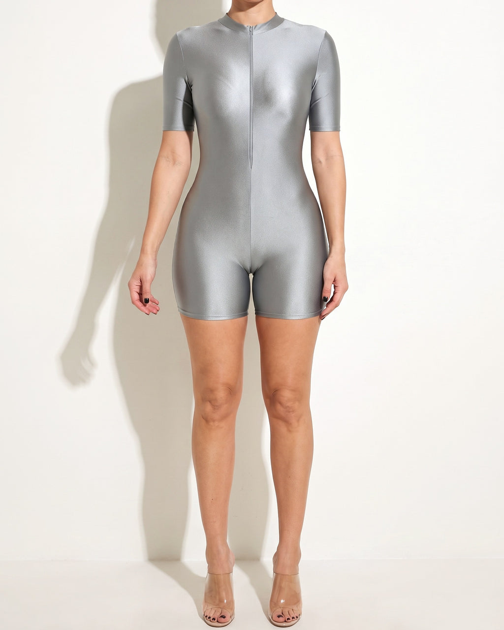 Silver super nylon biker romper, alternate front view on model