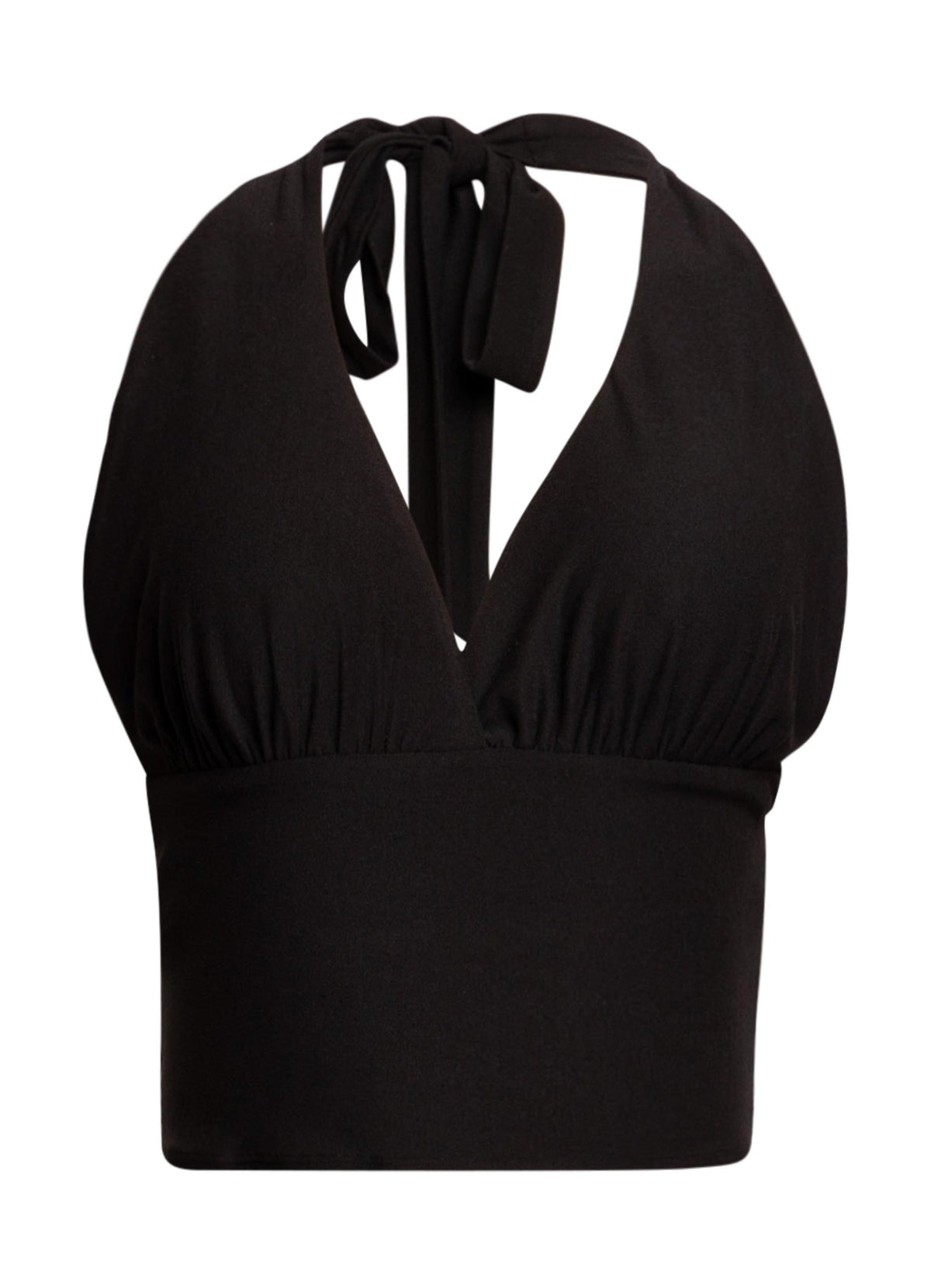 Black halter tie-back crop top, front view on model