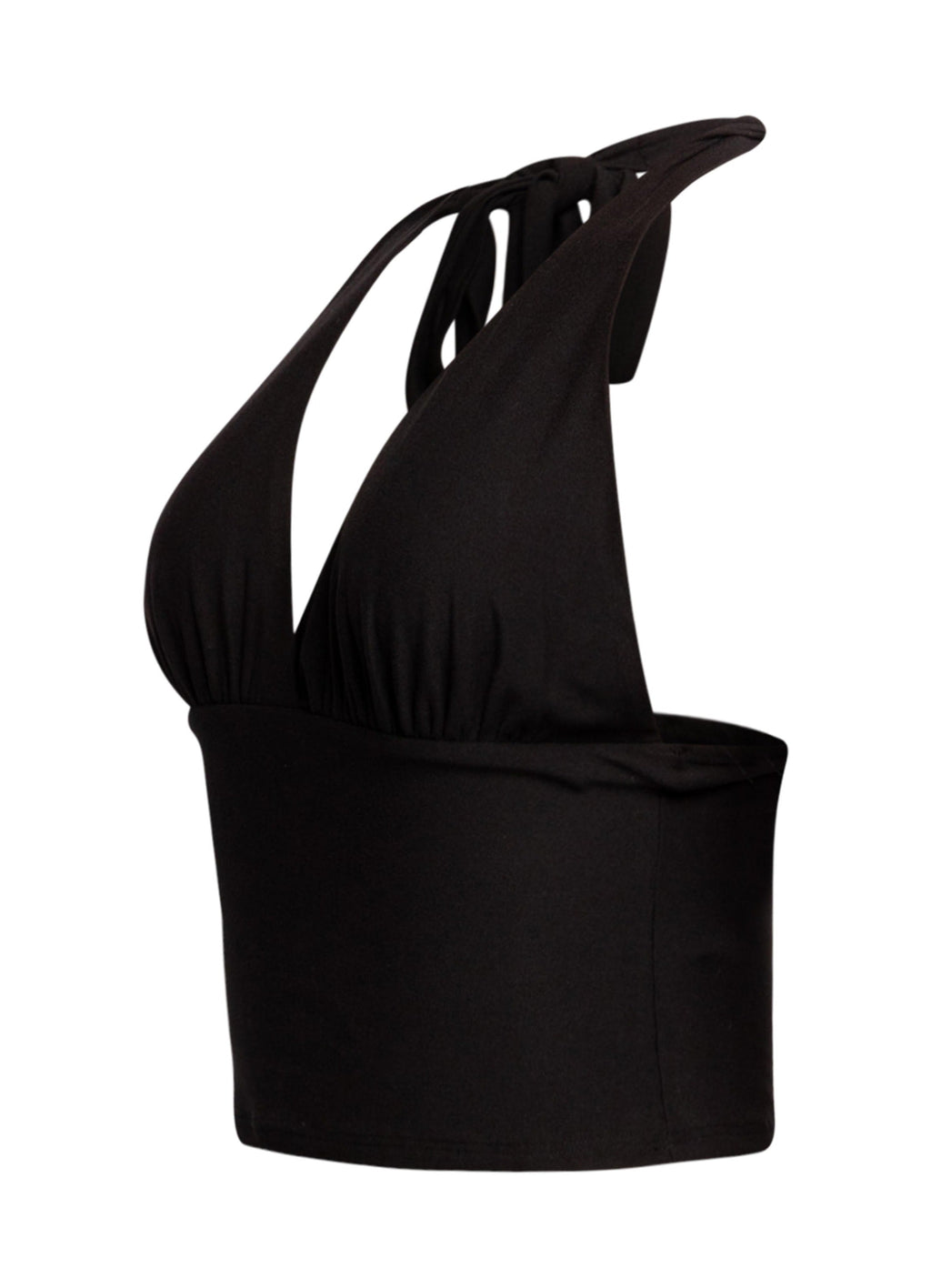 Black halter tie-back crop top, back view on model