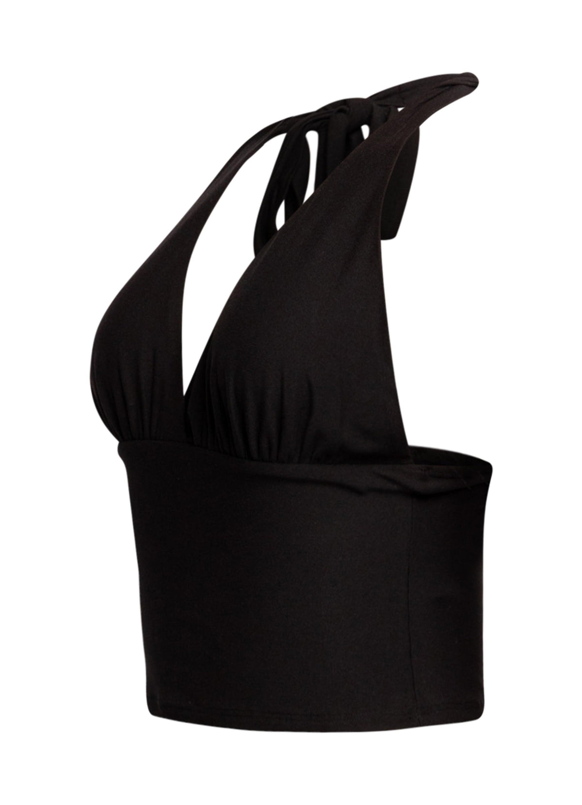 Black halter tie-back crop top, back view on model