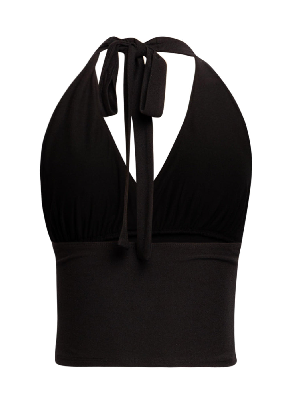 Black halter tie-back crop top, detail view on model