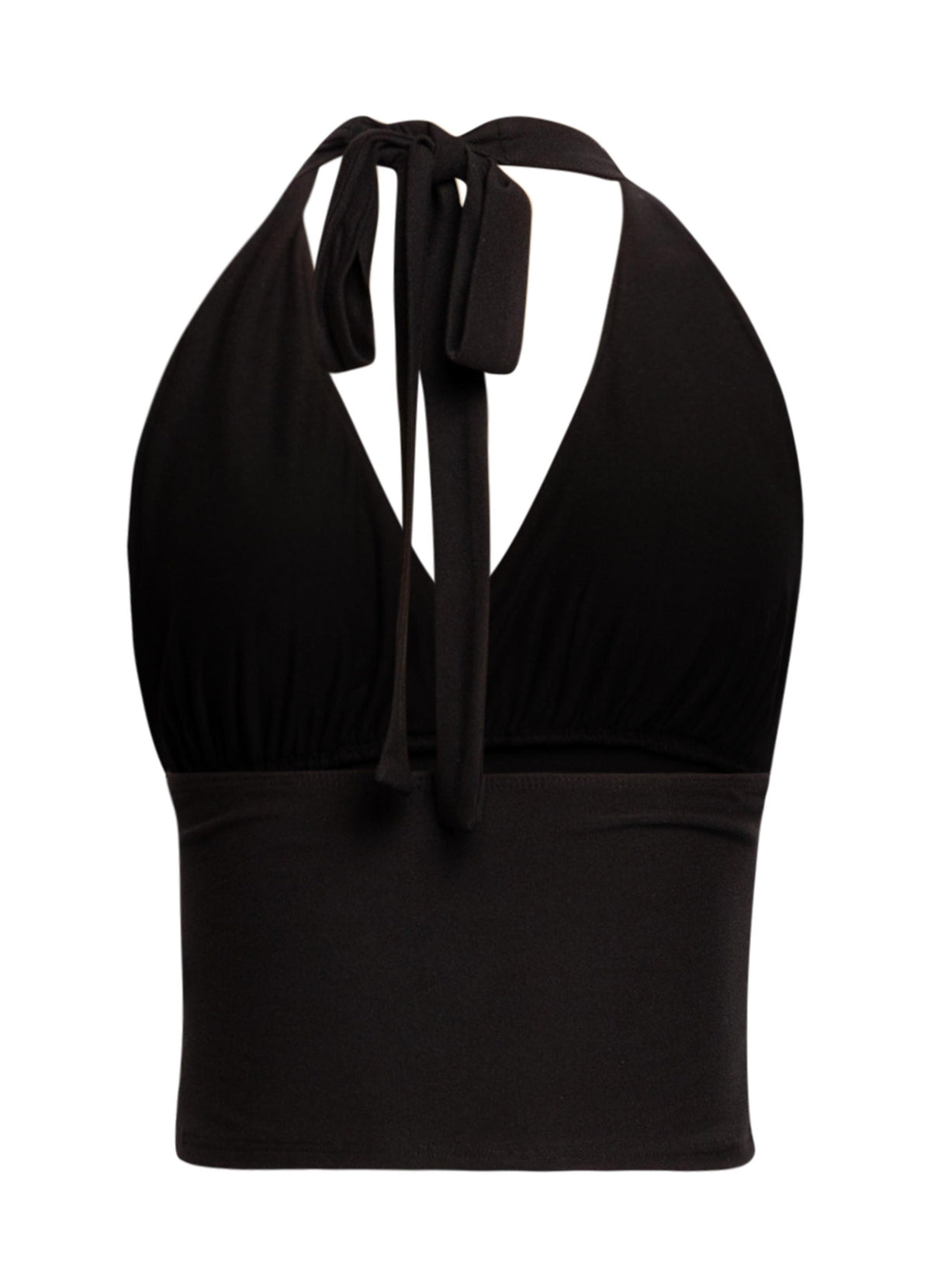 Black halter tie-back crop top, detail view on model