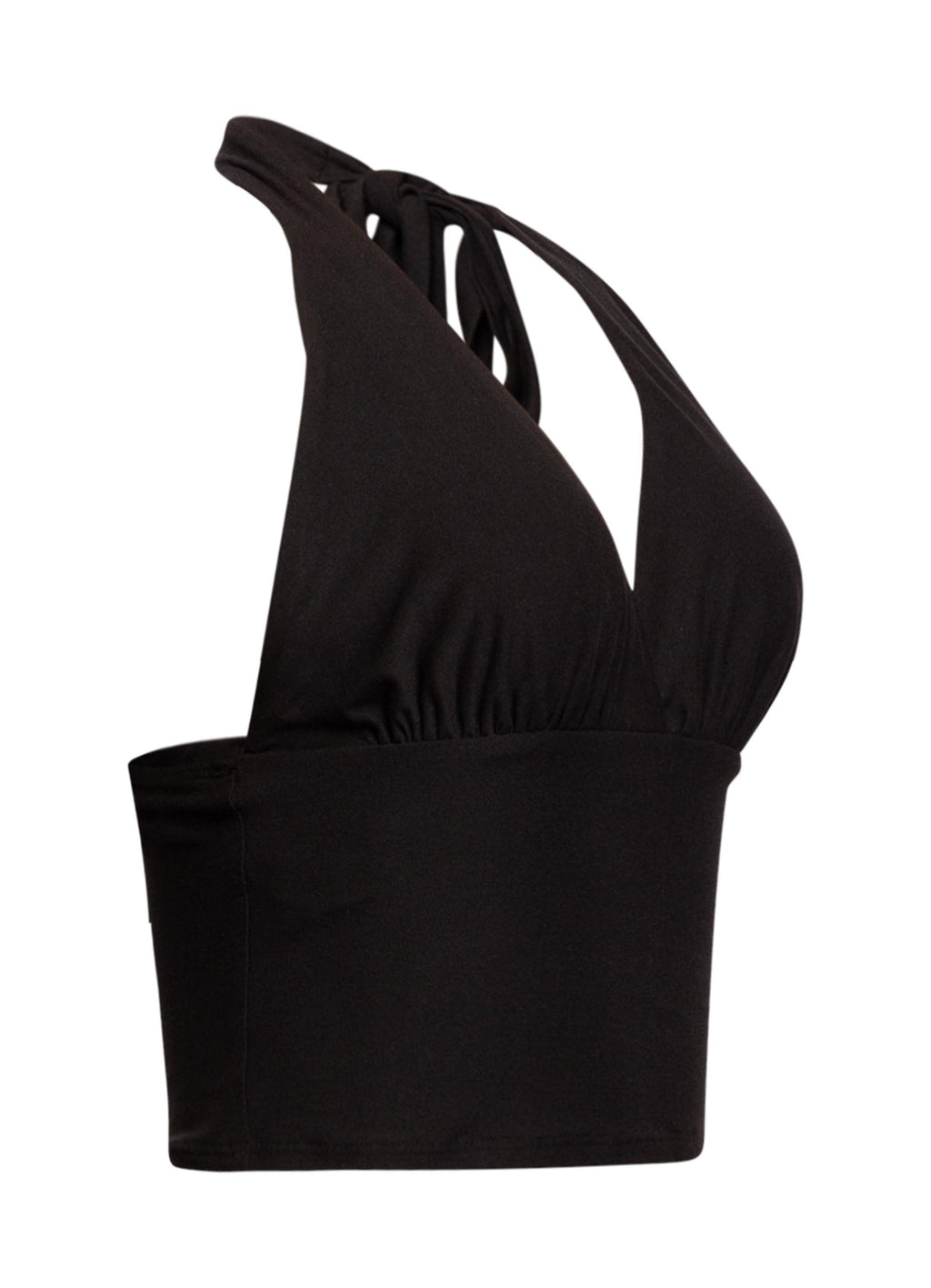 Black halter tie-back crop top, alternate front view on model