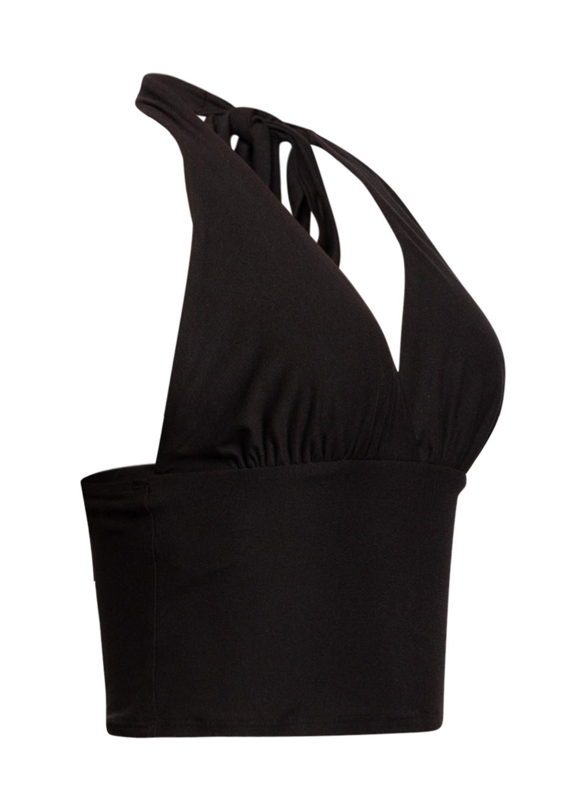 Black halter tie-back crop top, alternate front view on model
