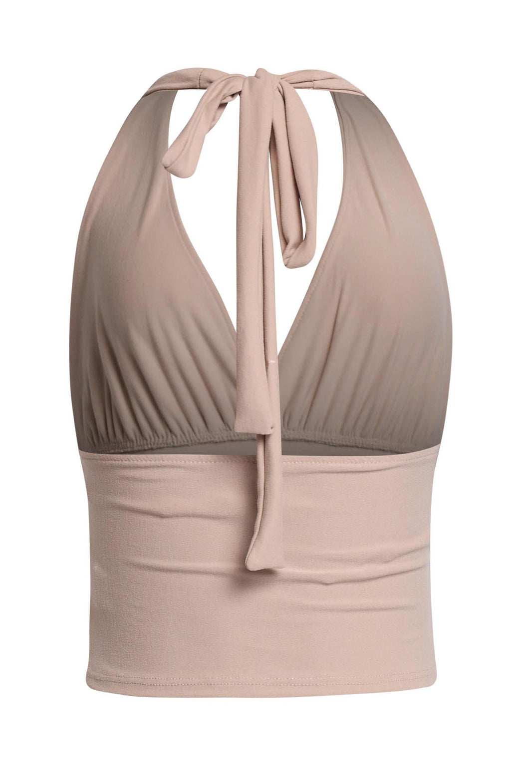 Oyster halter tie-back crop top, side view on model