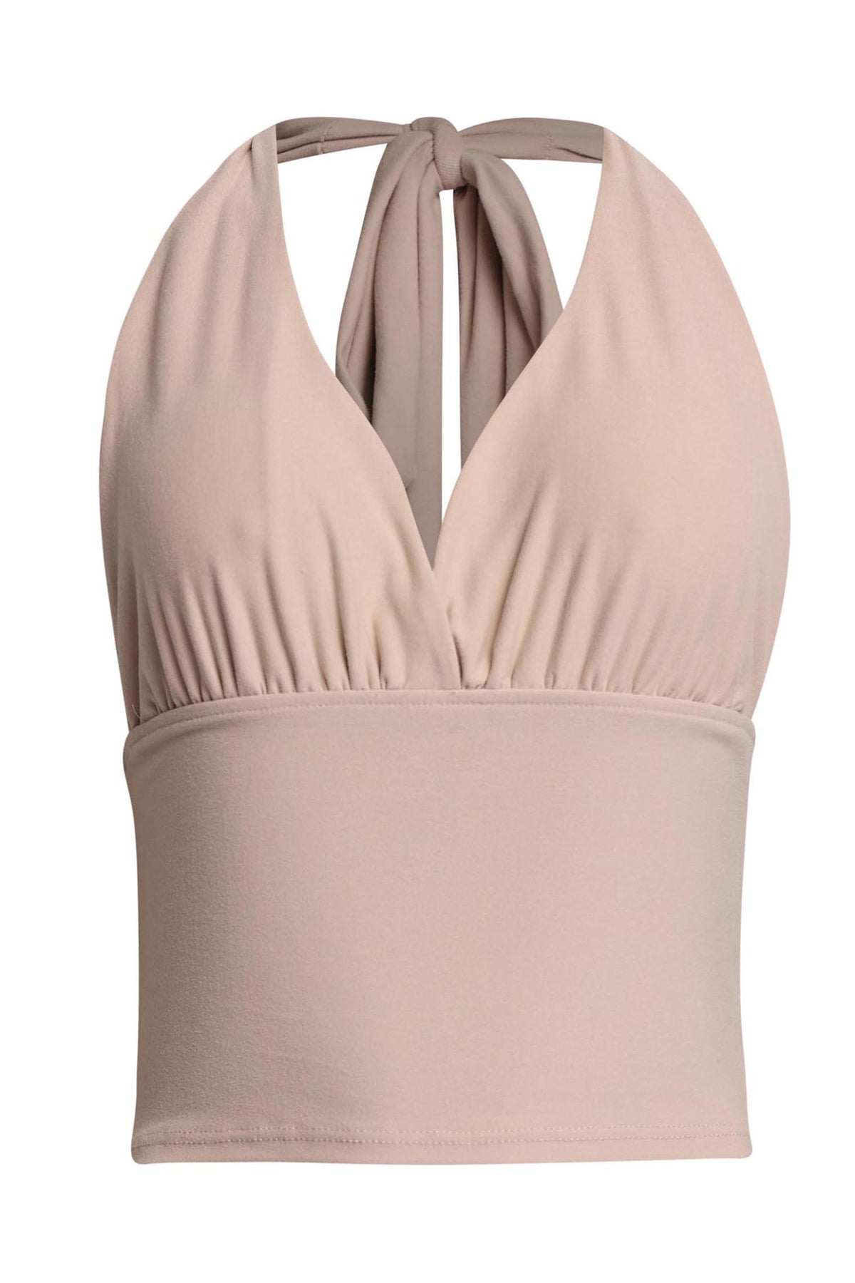 Oyster halter tie-back crop top, alternate front view on model