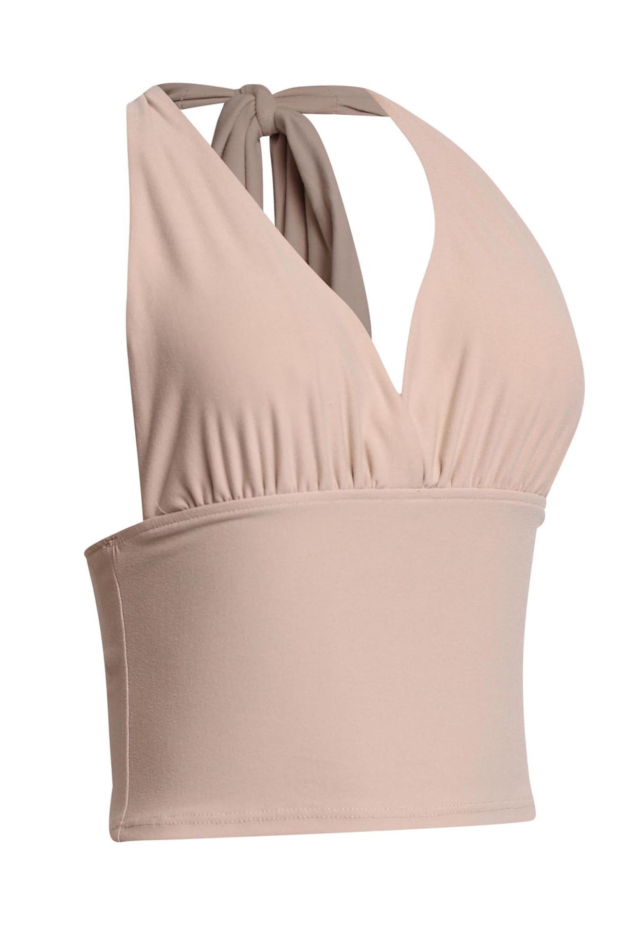 Oyster halter tie-back crop top, back view on model