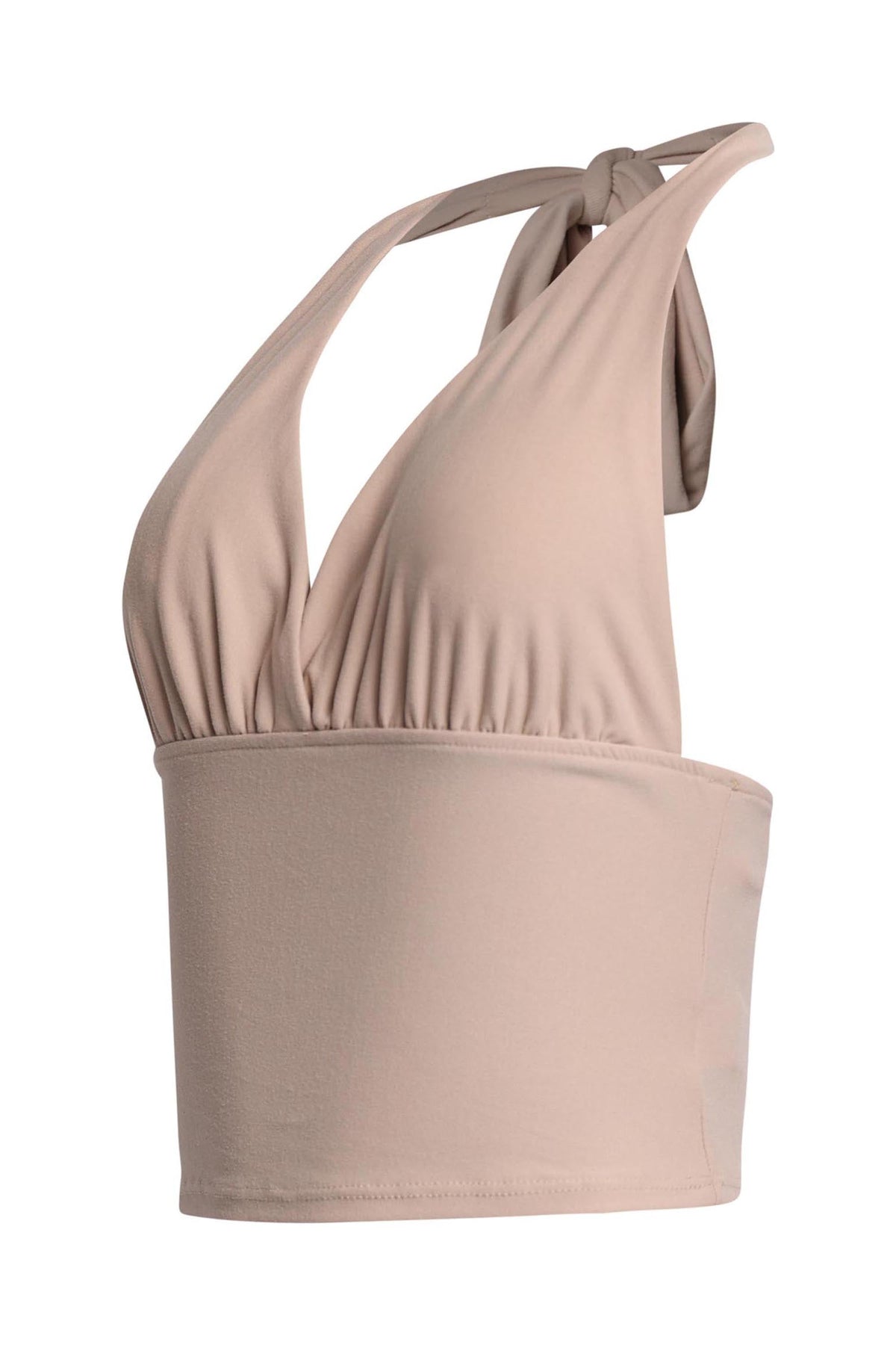 Oyster halter tie-back crop top, detail view on model