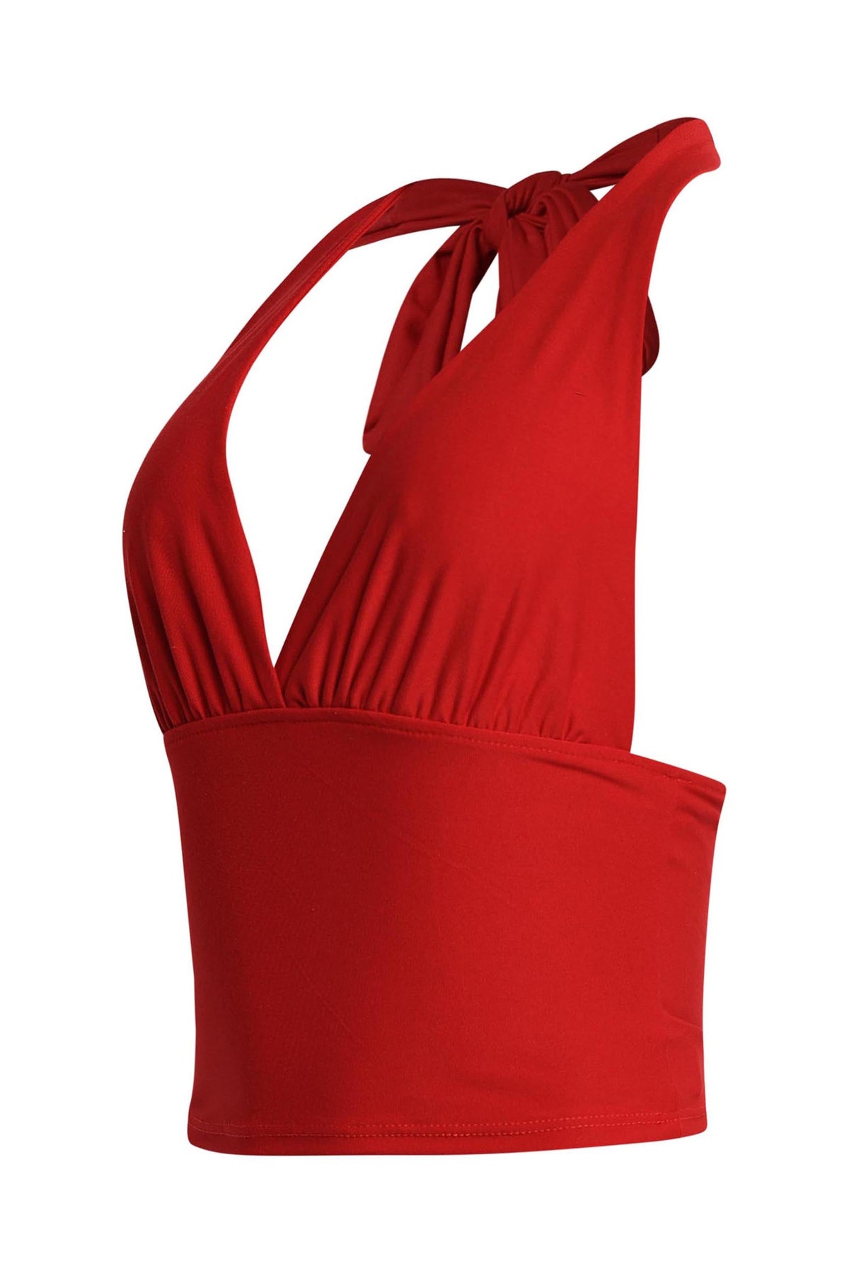 Red halter tie-back crop top, front view on model