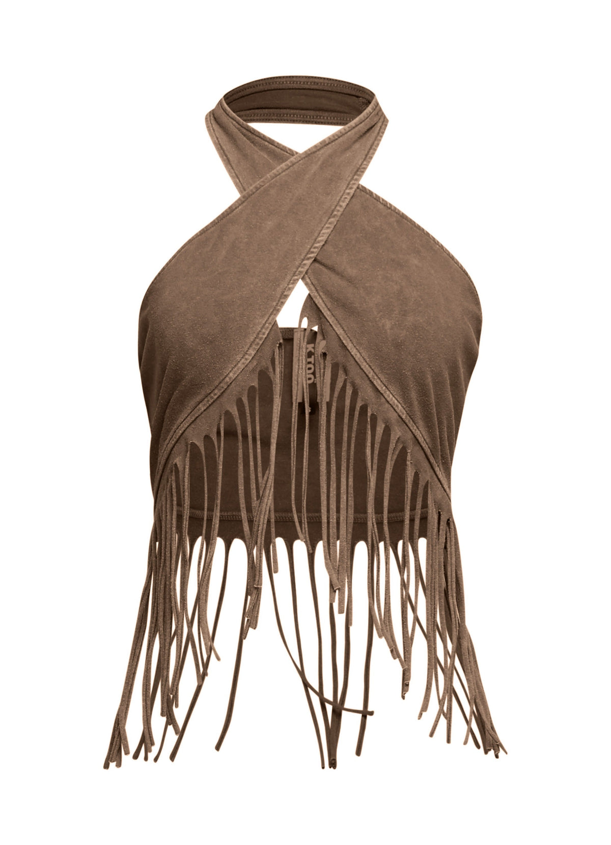Brown fringe halter crop top, detail view on model