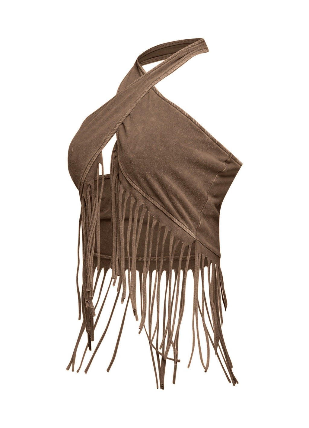 Brown fringe halter crop top, front view on model