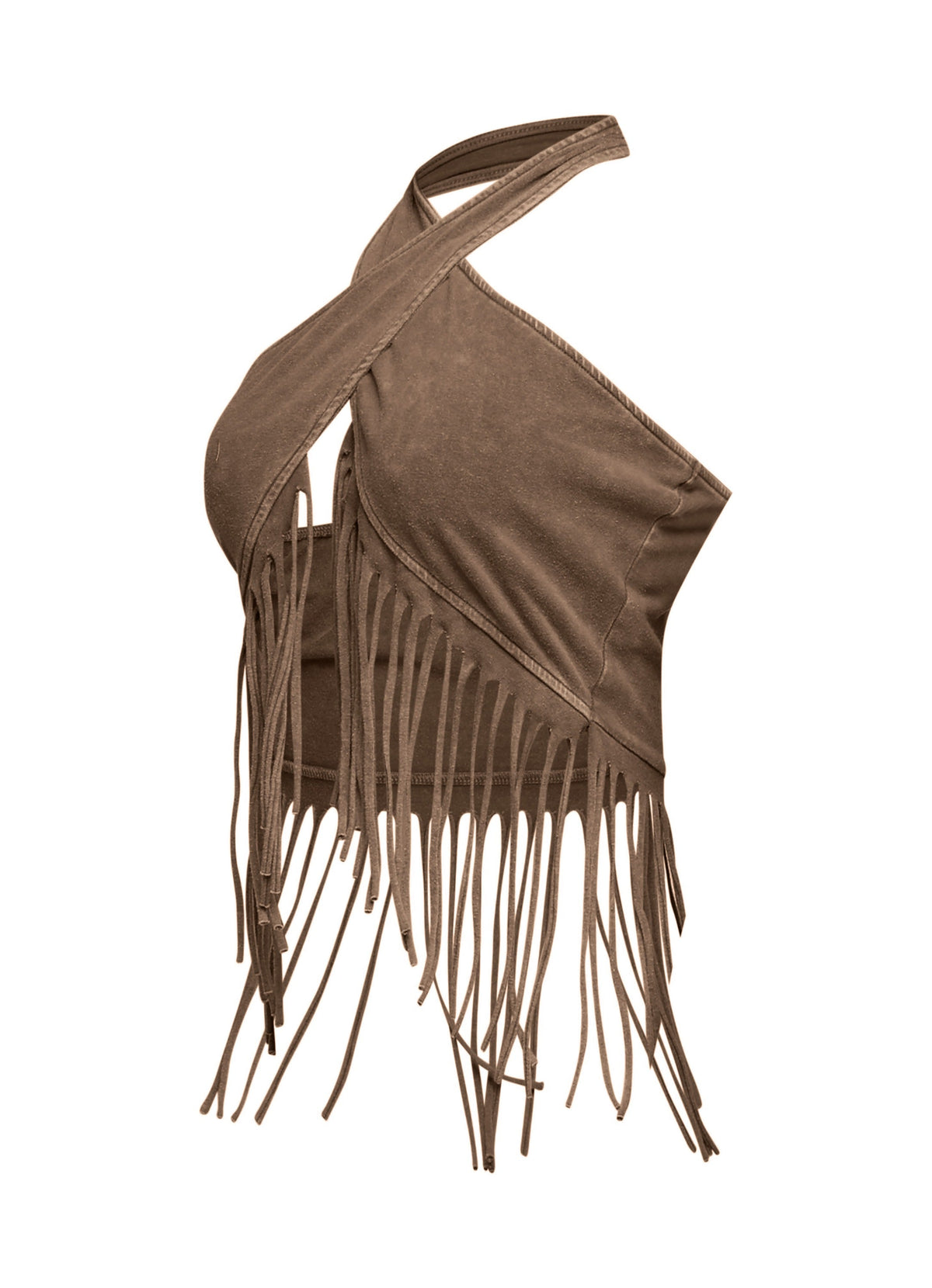 Brown fringe halter crop top, front view on model