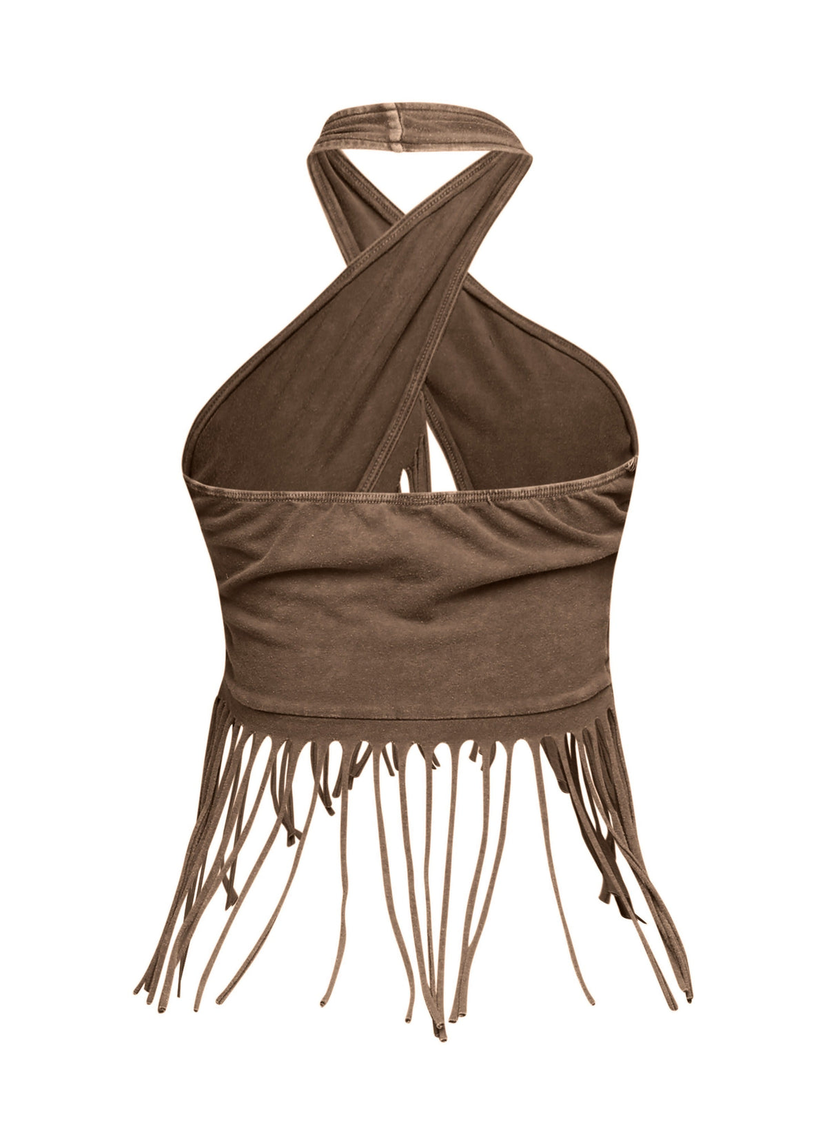 Brown fringe halter crop top, side view on model