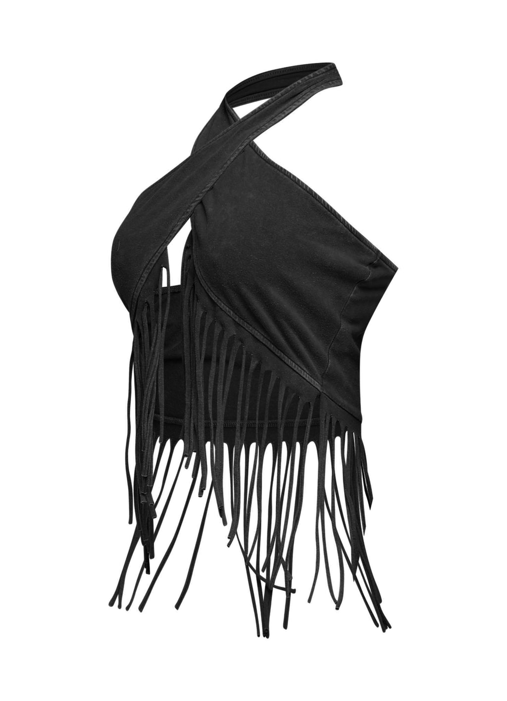 Black fringe halter crop top, back view on model