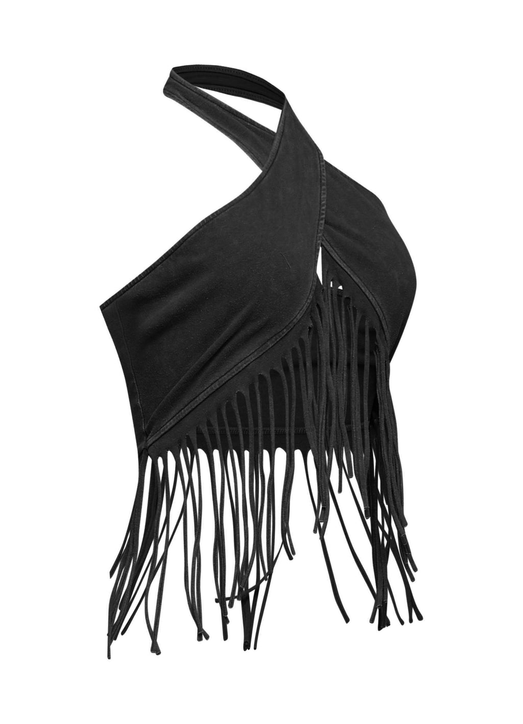 Black fringe halter crop top, alternate front view on model