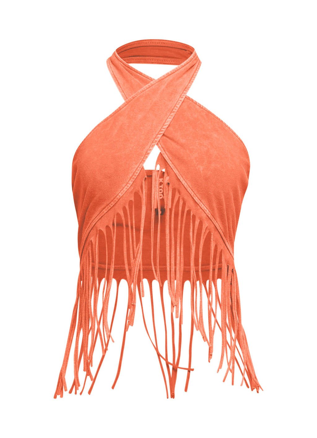 Orange fringe halter crop top, back view on model