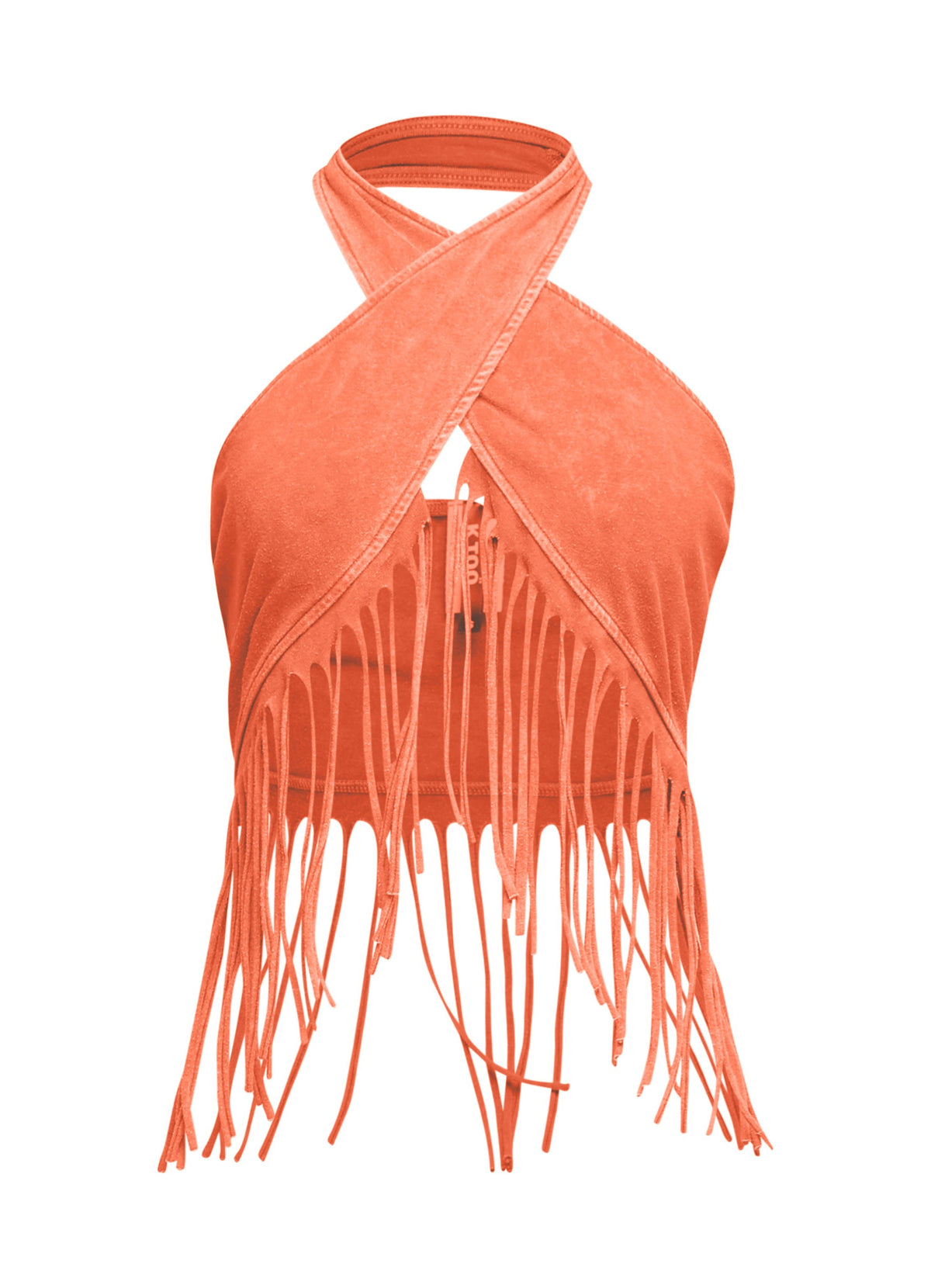 Orange fringe halter crop top, back view on model